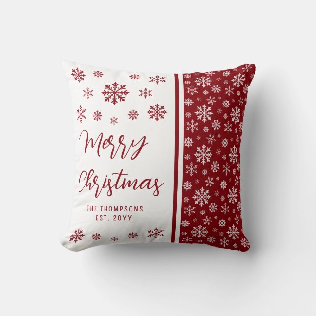 Coussin Flocons de neige rouges Joyeux Noël avec nom de fa (Recto)