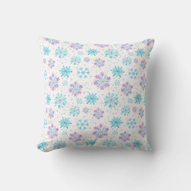 Coussin Flocons de neige violets et bleus d'hiver (Recto)