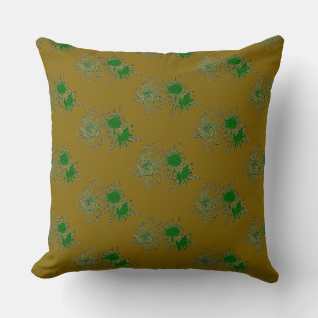Coussin floral à la moutarde avec fleurs vertes (Recto)