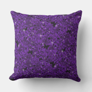 Coussin floral à papillon noir et pourpre