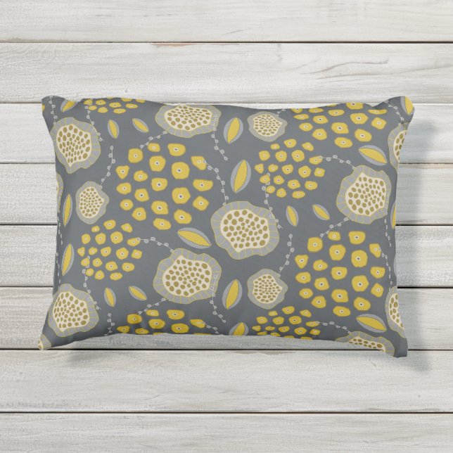 Coussin floral abstrait de gris et de jaune (Dos)