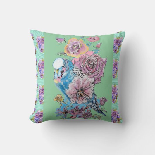 Coussin floral aquarelle Budgie Budgerigar Rose (Recto)
