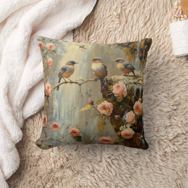 Coussin floral avec oiseaux Rose de cascade Jeter (Couverture)