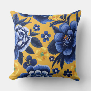 Coussin Floral bleu et jaune gras sur un arrière - plan ja