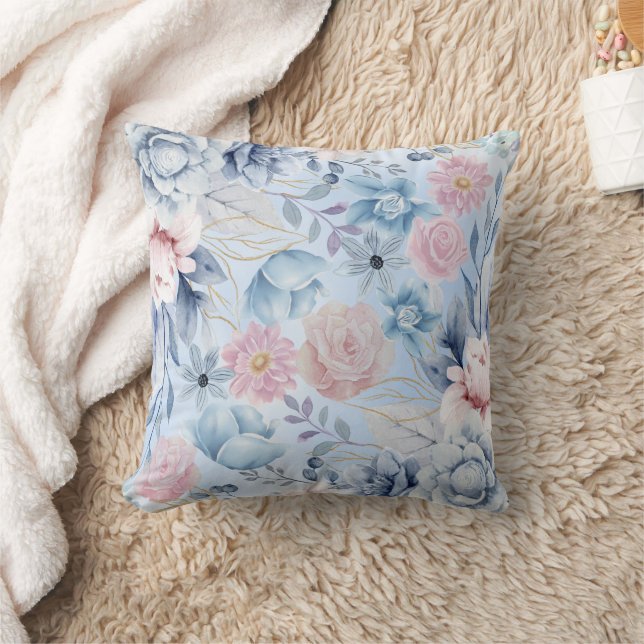 Coussin Floral Bleu Et Rose Marine (Couverture)