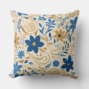 Coussin Floral bleu or et blanc aux tourbillons