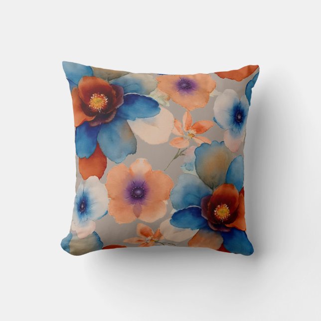 Coussin Floral bleu, rouge et orange (Recto)
