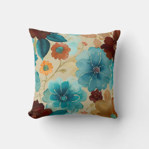 Coussin Floral bleu turquoise, rouge, rouille et bronze