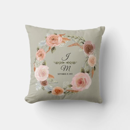 Coussin Floral Blush Peony Sage Aquarelle Feutre vert (Recto)