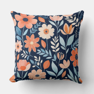 Coussin Floral boho bleu, blanc et orange