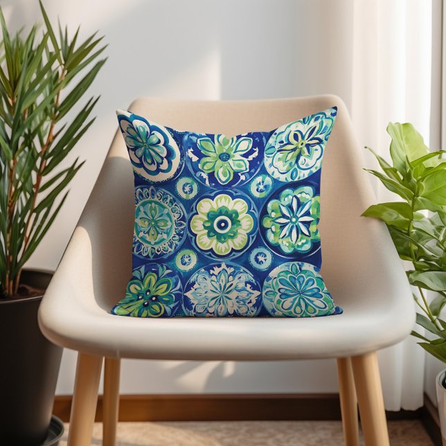 Coussin Floral Boho vert marine (Navy Green Turquoise Boho Floral Throw Pillow)