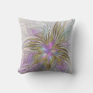 Coussin Floral Coloré Abstrait Fractal Avec Rose & Or