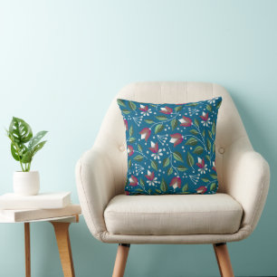Coussin floral Cottagecore en bleu profond et roug