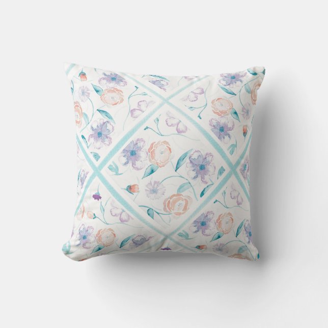 Coussin floral d'aquarelle - lavande, bleu, pêche (Recto)