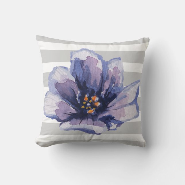 Coussin floral d'aquarelle rayée pourpre et grise (Recto)