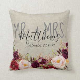 Coussin Floral de Bourgogne M. et Mme Mariage Keepsaké