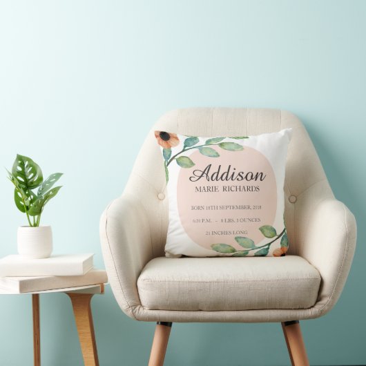 Coussin floral de faire-part de stat de naissance (Chaise)