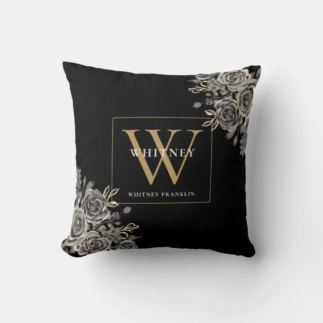 Coussin Floral De Monogramme Noir Et Or Personnalisé (Recto)