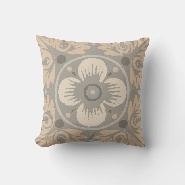 Coussin floral de motif de damassé dans gris, Tan (Recto)