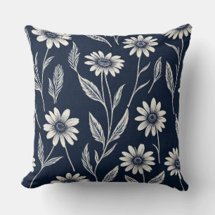 Coussin floral d'été bleu et blanc - style imprimé en bloc