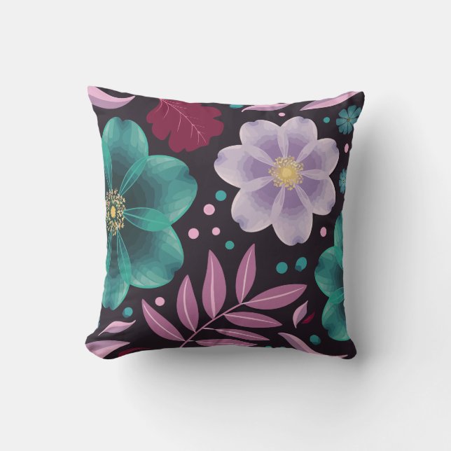 Coussin Floral élégant avec fleurs Turquoises et violettes (Recto)