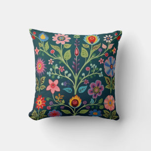Coussin Floral Folk Art Motif sur Dark Green Arrière - pla