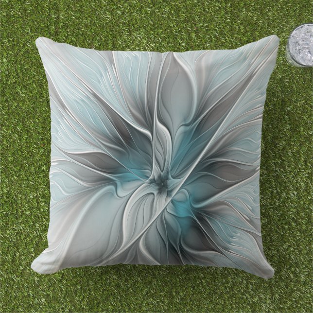 Coussin Floral Fractal Moderne Fleur Abstrait gris bleu (Herbe)