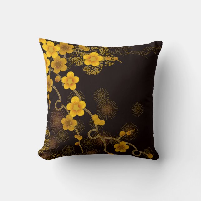 Coussin Floral jaune d'art japonais et brun-foncé d'or (Recto)