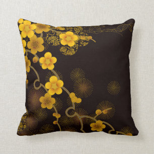 Coussin Floral jaune d'art japonais et brun-foncé d'or
