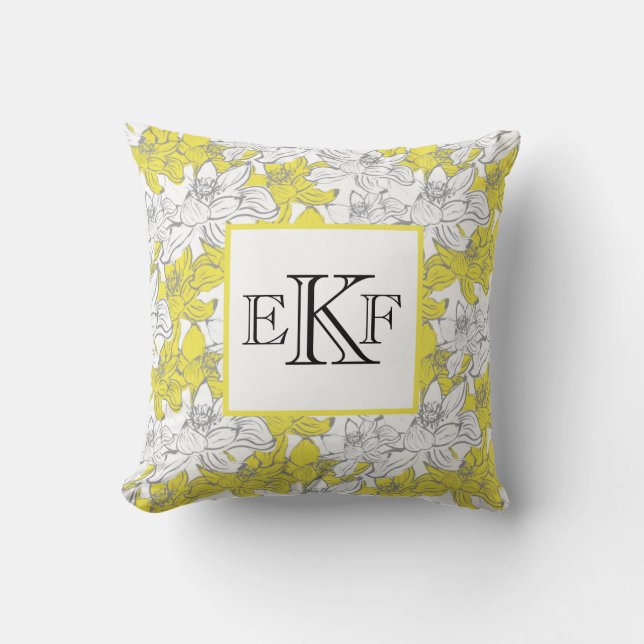 Coussin Floral jaune et gris blanc monogramme (Recto)