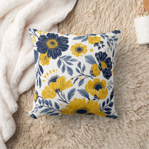 Coussin Floral marine, jaune et gris