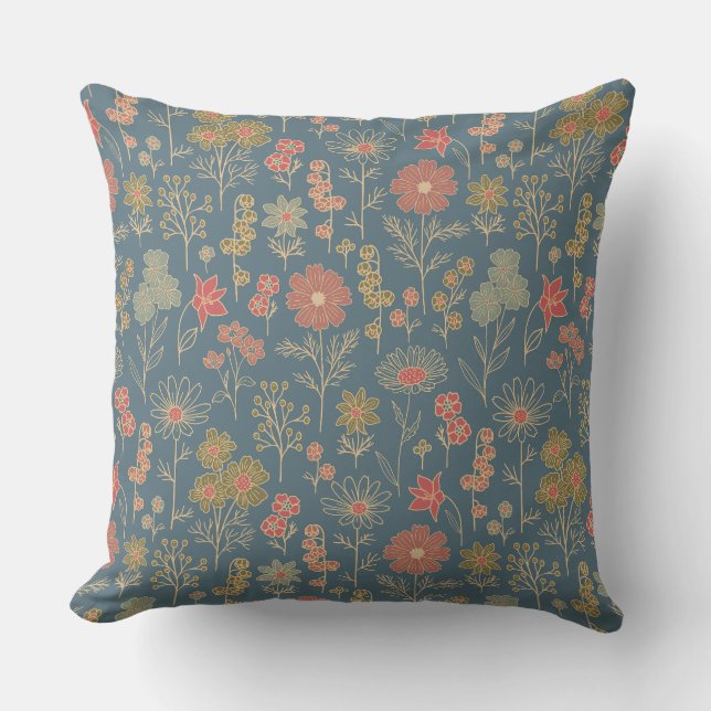 Coussin Floral moderne Denim Blue & Coral (Recto)