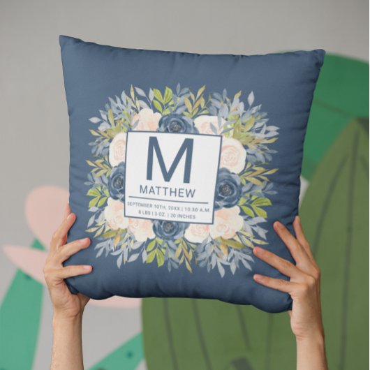 Coussin Floral Navy Blue Birth Stats Nouveau-né bébé
