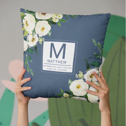 Coussin Floral Navy Blue Birth Stats Nouveau-né bébé