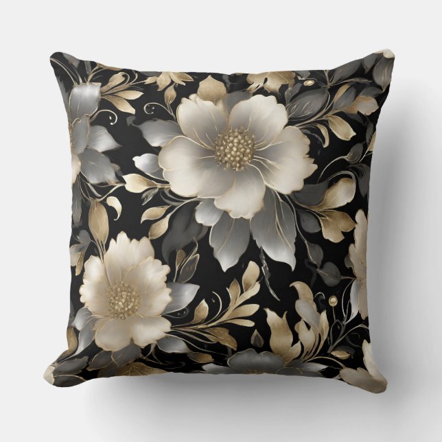 Coussin Floral noir gris or blanc (Recto)