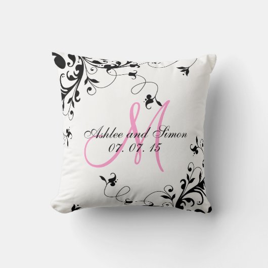 Coussin floral noir rose de souvenir de mariage (Recto)