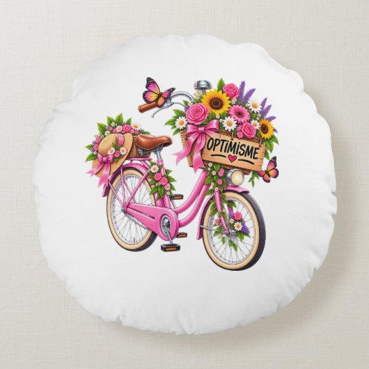 Coussin Floral « Optimisme » – Vélo Rose Fleuri et (Devant)