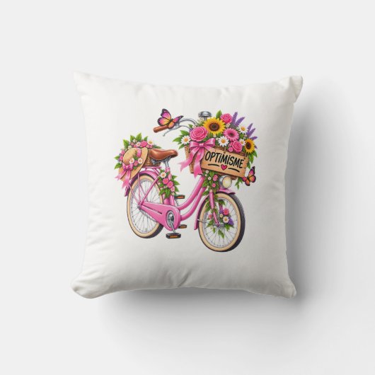 Coussin Floral « Optimisme » – Vélo Rose Fleuri et (Recto)