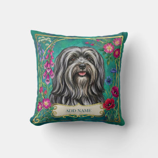 Coussin floral personnalisé gris foncé Lhasa Apso