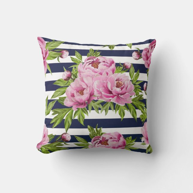 Coussin floral rose et bleu marine (Recto)