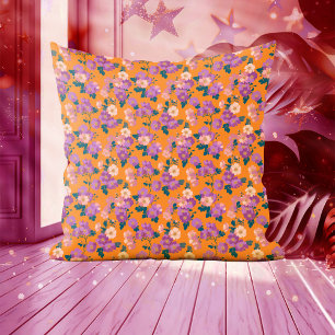 Coussin Floral rose et violet moderne sur orange
