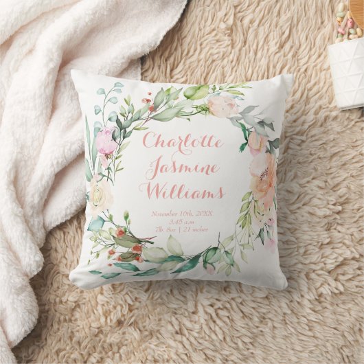 Coussin Floral rose Monogramme Bébé Naissance Statistiques (Couverture)