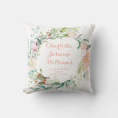 Coussin Floral rose Monogramme Bébé Naissance Statistiques (Recto)