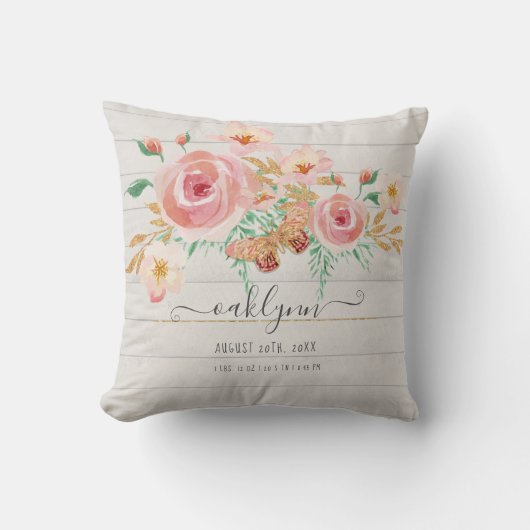 Coussin Floral Rose Rose Bébé Fille Statistiques de naissa (Recto)