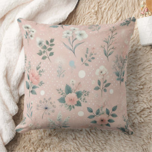 Coussin Floral rose rustique avec fleurs blanches et verdu