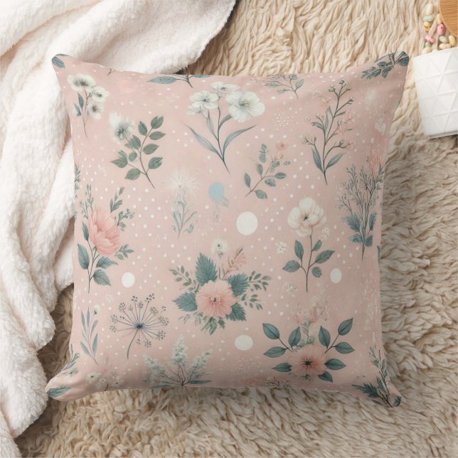 Coussin Floral rose rustique avec fleurs blanches et verdu (Couverture)