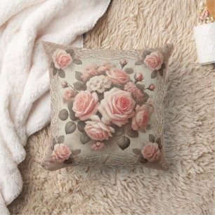 Coussin Floral rose vintage avec bordure dentelle