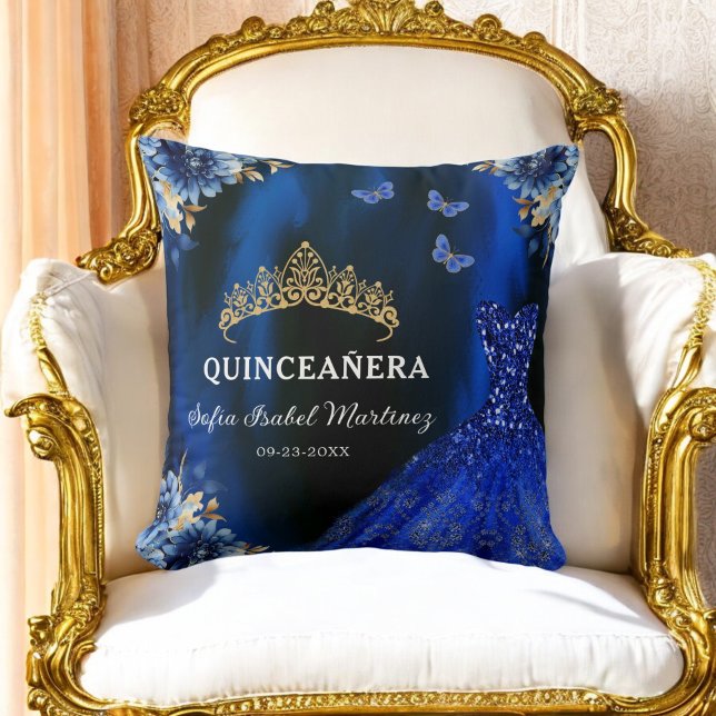 Coussin Floral Royal Blue Gold Princess Quinceanera (Créateur téléchargé)