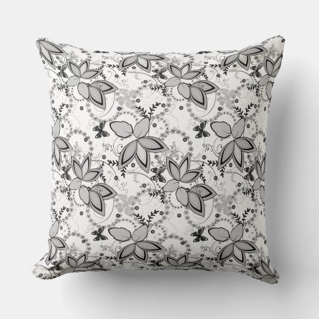 Coussin Floral rustic pattern retro black and white  (Recto)