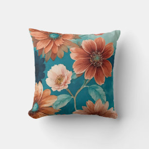 Coussin Floral Rustique Bleu et Boho rouille